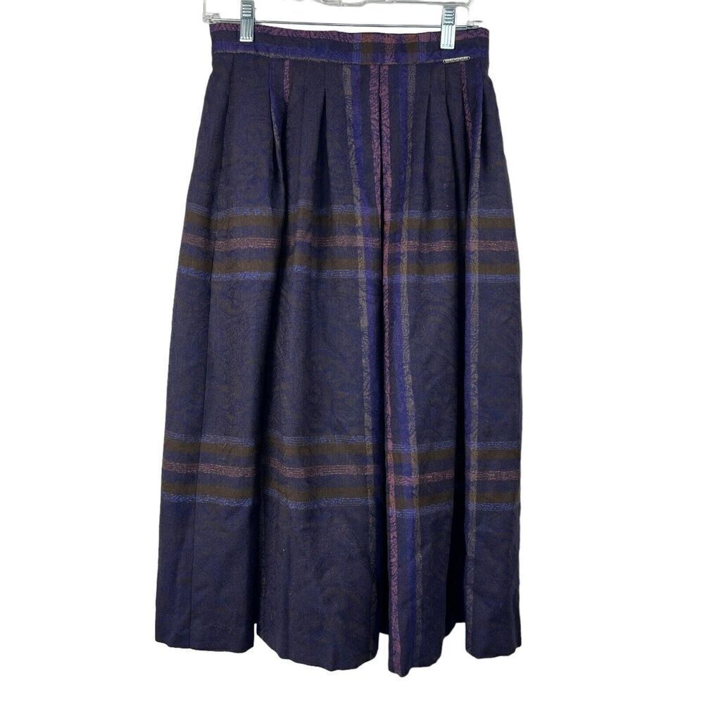 Geiger Austria Vintage Long Pleated Wool Midi Skirt Size 38 Purple Plaid